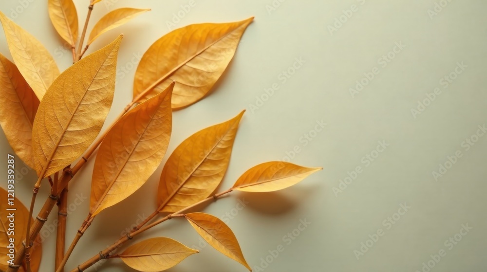 Golden autumn leaves arranged artfully on a pale background, creating a serene and minimalist design, perfect for seasonal greetings or nature-inspired projects Golden autumn leaves arranged artfully on a pale background, creating a serene and minimalist design, perfect for seasonal greetings or nature-inspired projects