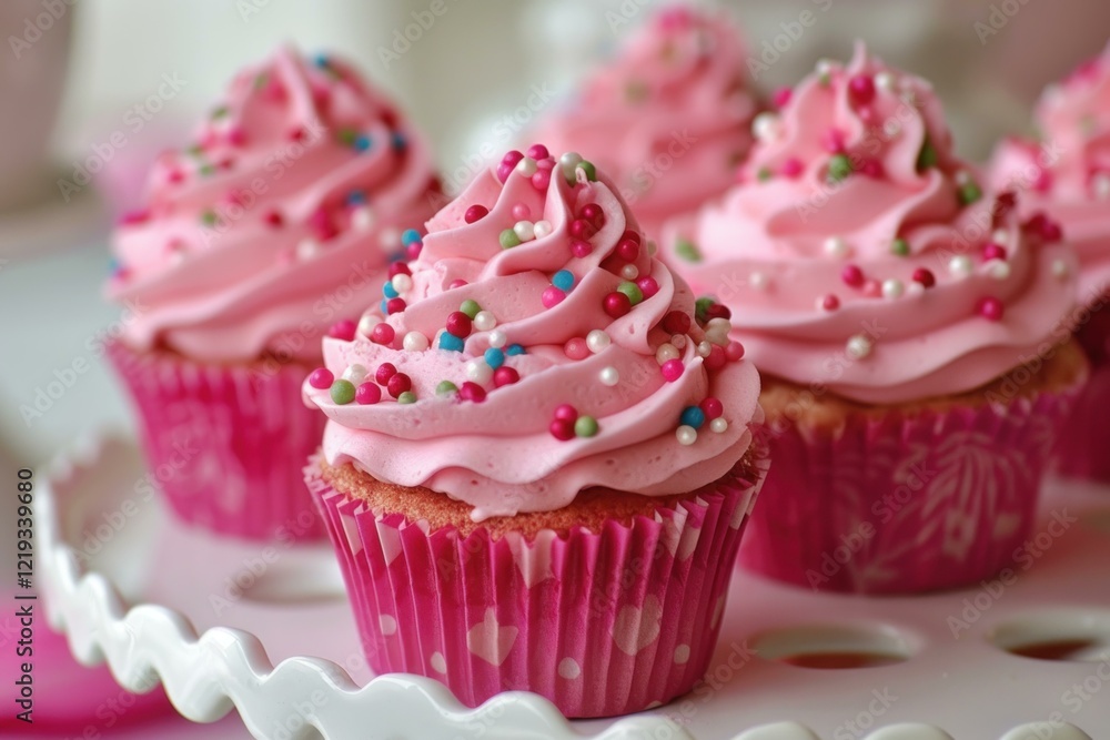 Pink cupcakes with colorful sprinkles create a sweet and tempting display on a white cake stand Pink cupcakes with colorful sprinkles create a sweet and tempting display on a white cake stand