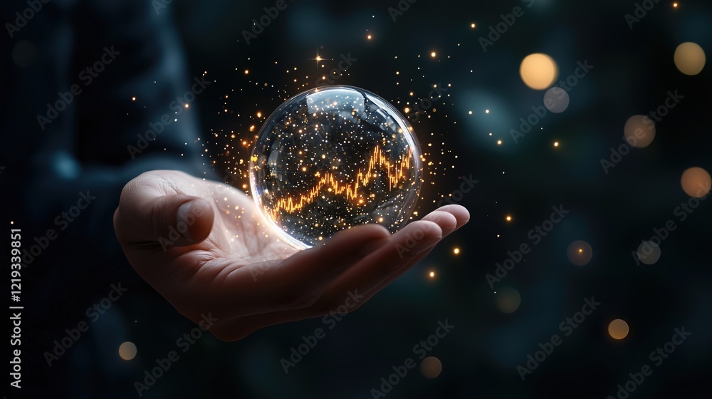 Fototapeta premium Hand Holding a Magical Crystal Ball with Financial Data and Sparkling Light