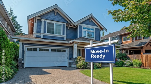 A cozy suburban house for sale with a sign reading 