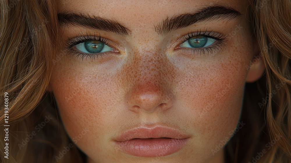 Fototapeta premium Freckled woman, beach portrait, sunlit skin, ocean blur, beauty ad
