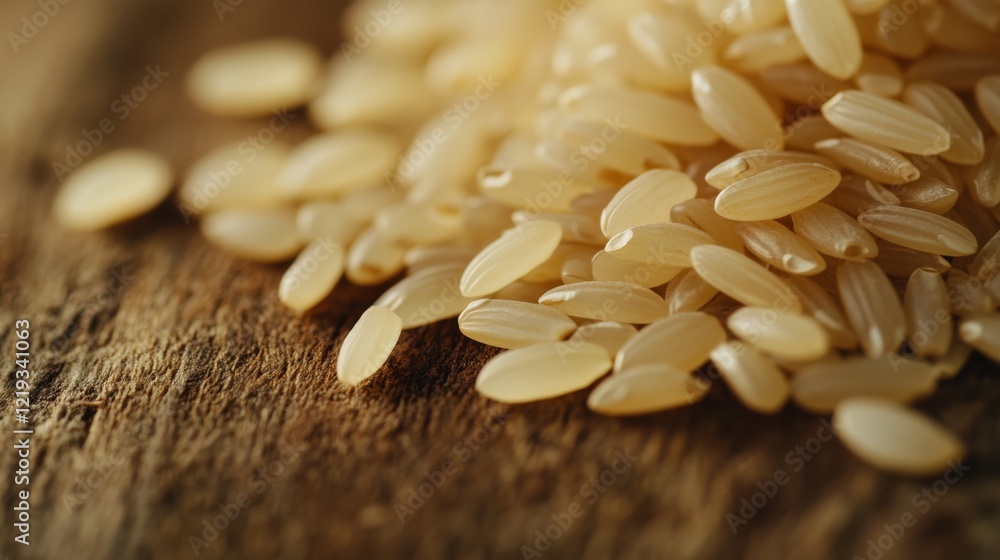 Obraz premium Close-up of uncooked rice grains on a rustic wooden table, highlighting texture, natural color, and sheen. Ideal for food and cooking content, showcasing detail in high-definition.