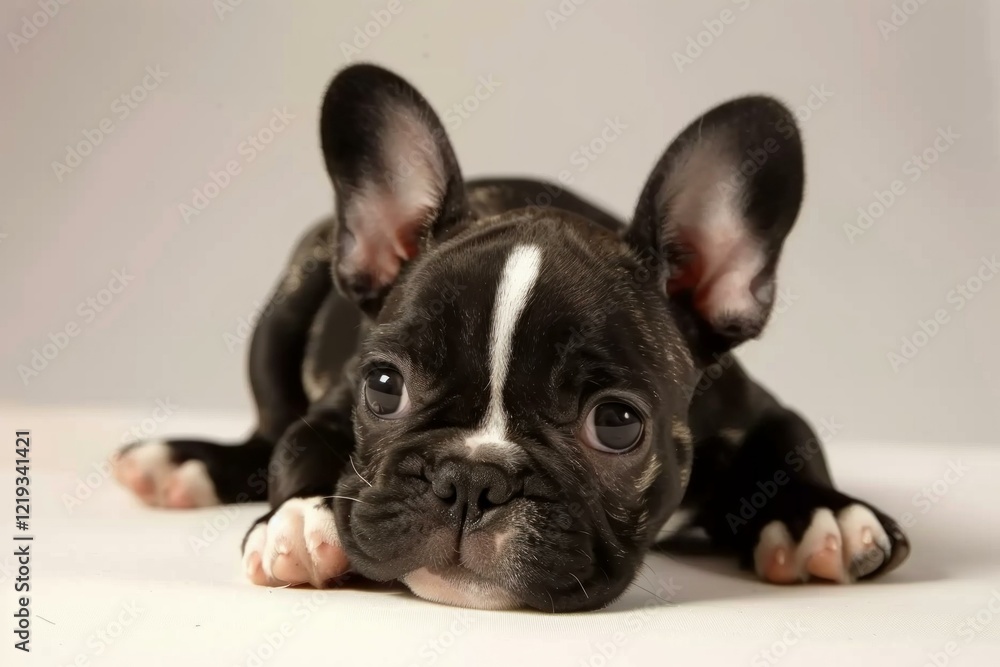 Studio shot of a cute french bulldog puppy relaxing on a white backdrop Studio shot of a cute french bulldog puppy relaxing on a white backdrop