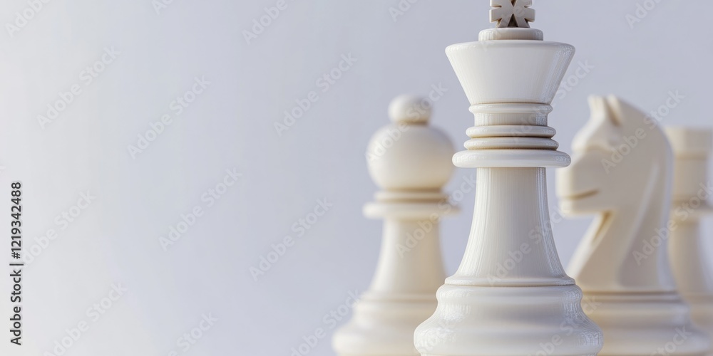 A set of white chess pieces arranged neatly on a table, ready for play or display A set of white chess pieces arranged neatly on a table, ready for play or display