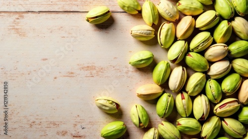 A Bountiful Harvest of Freshly Picked Pistachios Arranged on a Rustic Wooden Surface, Offering a Vibrant and Texturally Rich Culinary Image photo