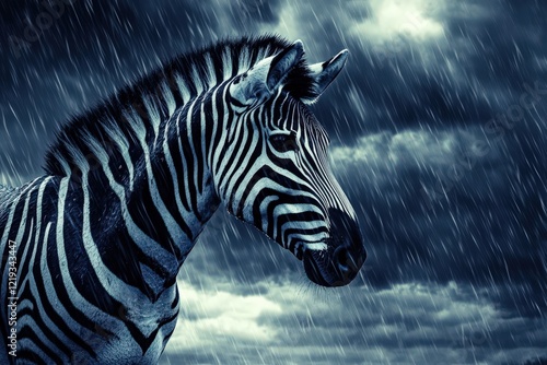 Majestic Zebra in the Rain with Dramatic Clouds and Stormy Sky Highlighting Nature's Beauty and Wildlife Adaptability in Captivating Black and White Patterns