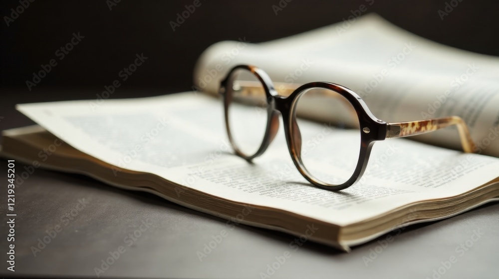 A pair of tortoiseshell reading glasses rests atop an open book, suggesting a moment of quiet contemplation and literary immersion.