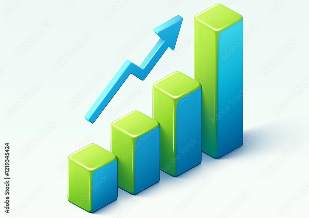 3D Green Bar Graph Descending with Blue Arrow on White Background 3D Green Bar Graph Descending with Blue Arrow on White Background