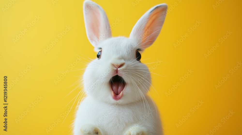 White Rabbit surprise face, Bright Yellow Background White Rabbit surprise face, Bright Yellow Background