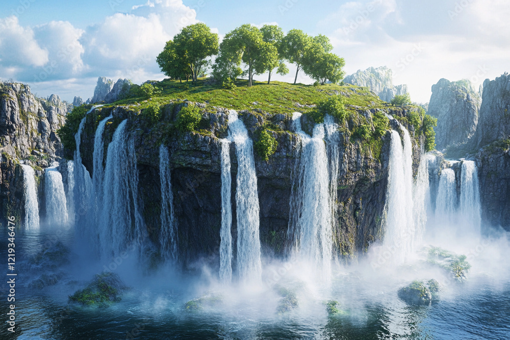 Fototapeta premium Majestic floating island with waterfalls cascading into misty clouds at sunrise