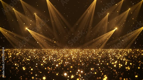 Beautiful Luxury gold magical stardust and sparkling particles space floor, multiple spotlight, galaxy, for Oscar award ceremony event, Digital Art, Modern background, motion design, Loopable, LED, 4K