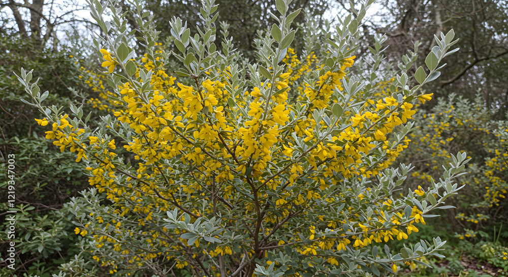 Fototapeta premium This medium shot features Elaeagnus angustifolia, showcasing its striking silvery leaves and bright yellow flowers during the flowering season.