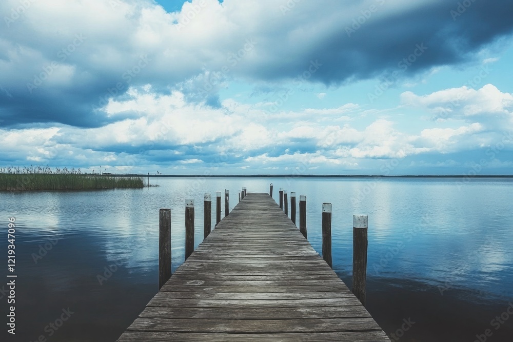 Naklejka premium A wooden pier stretches out into the calm water