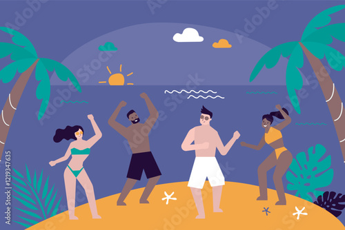 Multi ethnic people celebrate and dance on the beach. A party in the atmosphere of summer. Friends dancing on exotic beach. Tropical ocean shore at sunset. Holiday mood.