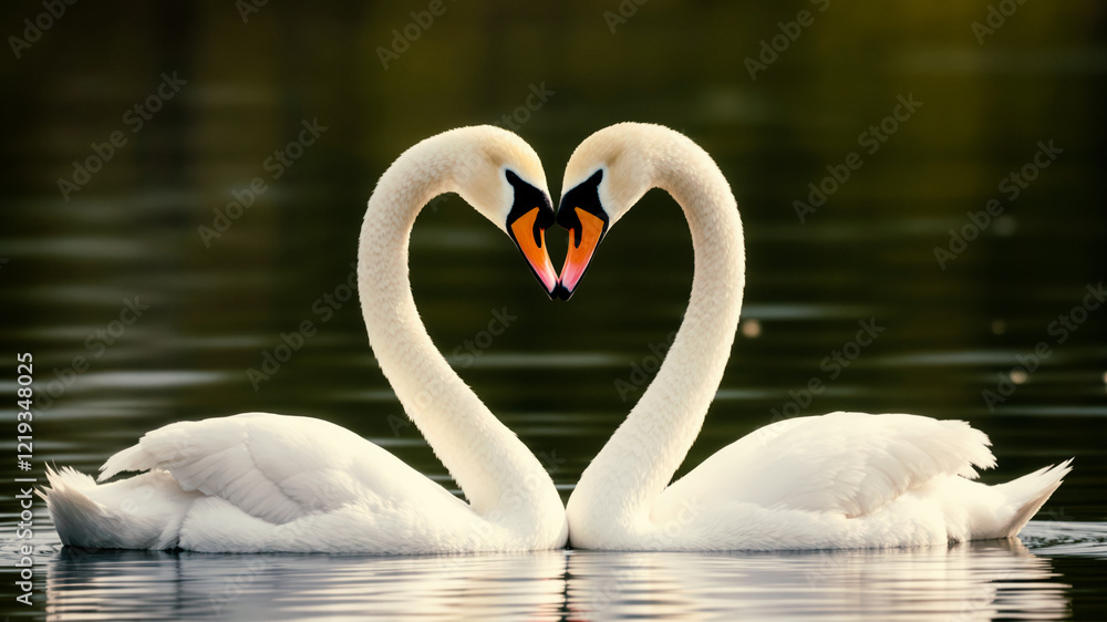 Fototapeta premium Dramatic Swan Duo Crafting a Heart Shape with Their Necks, Harmony in Nature’s Ecosystem