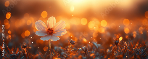 Vibrant orange sunset illuminating a delicate blooming flower in a tranquil meadow