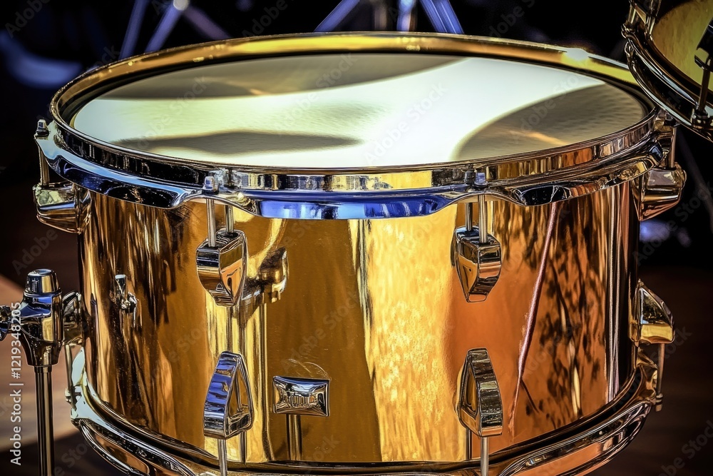 Fototapeta premium A close-up shot of a golden drum on a stage, perfect for musical or performance-related themes