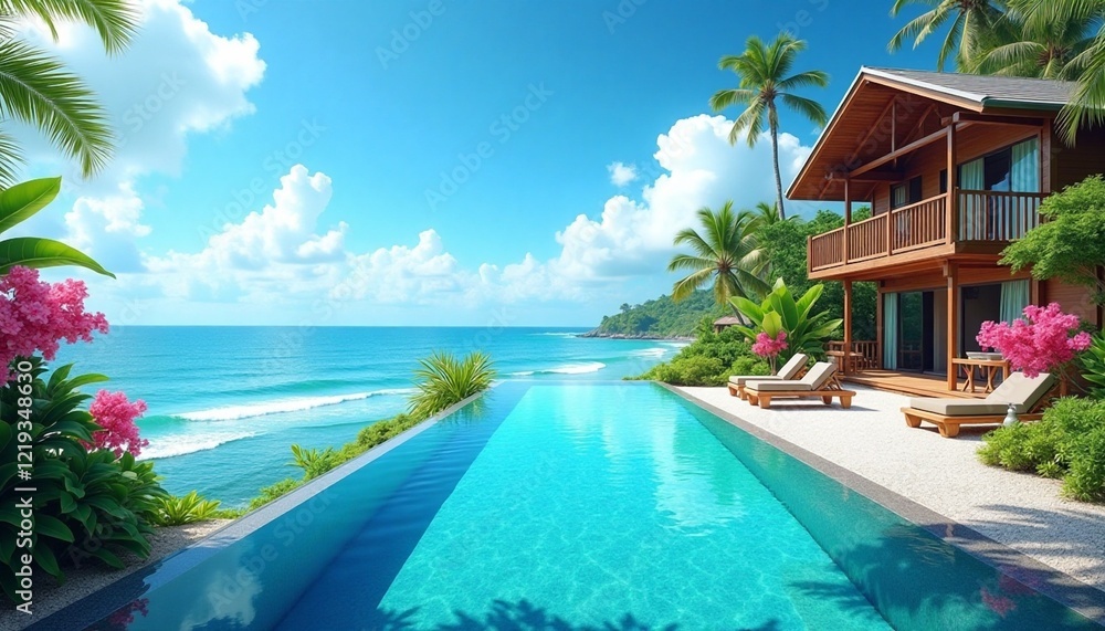 Fototapeta premium Stunning Infinity Pool Surrounded by Lush Tropical Flora with Ocean Views, Perfect for Luxury Travel or Relaxing Summer Escapes