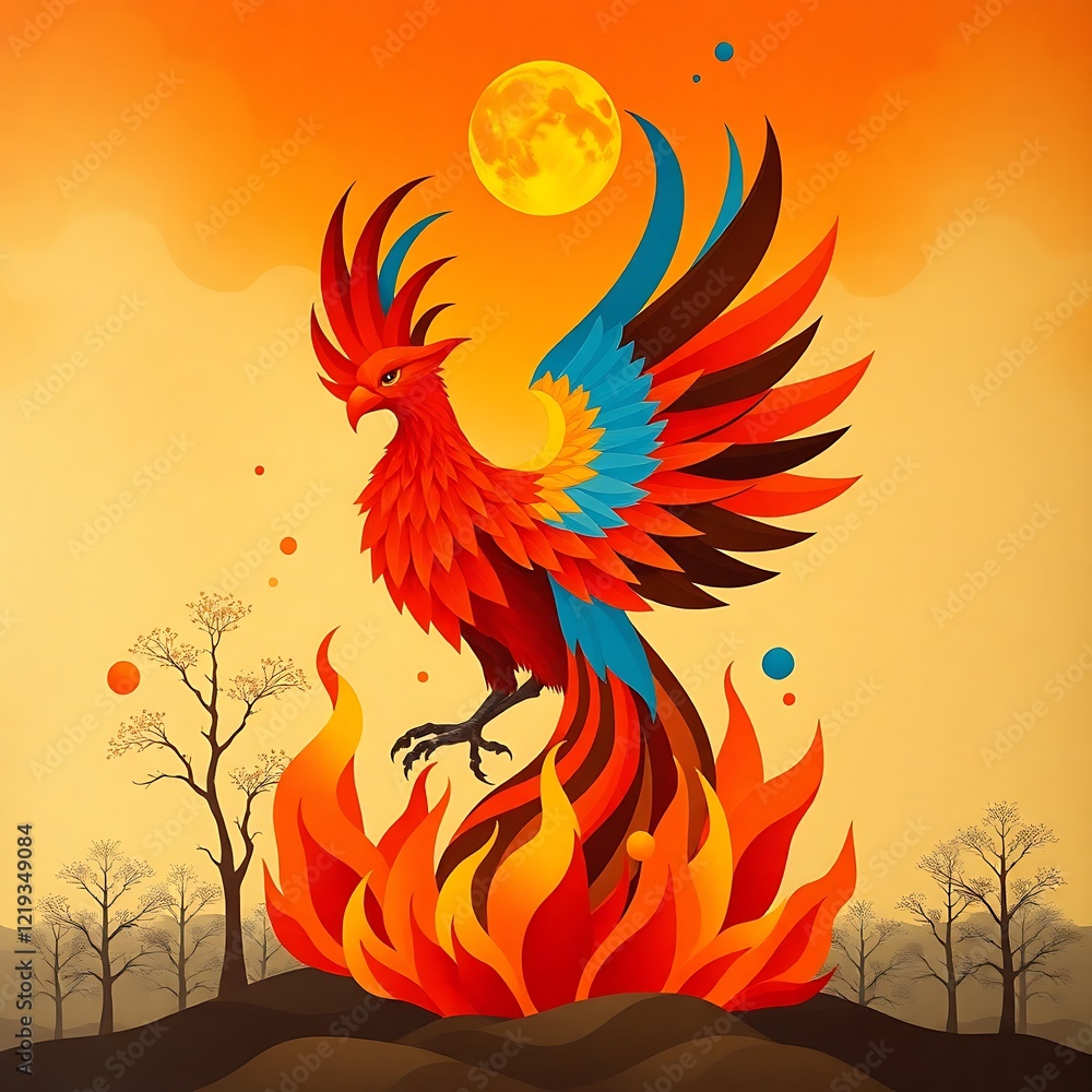 Obraz premium Colorful phoenix rising from flames.