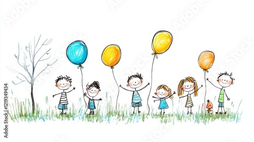 Joyful Children Holding Colorful Balloons in a Whimsical Sketchy Illustration Style