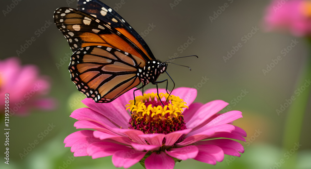 A monarch butterfly sits atop a pink zinnia flower, feeding on its nectar. A monarch butterfly sits atop a pink zinnia flower, feeding on its nectar.