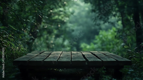 Blank wooden surface with a serene forest view, softly blurred for a minimalist and organic composition. photo