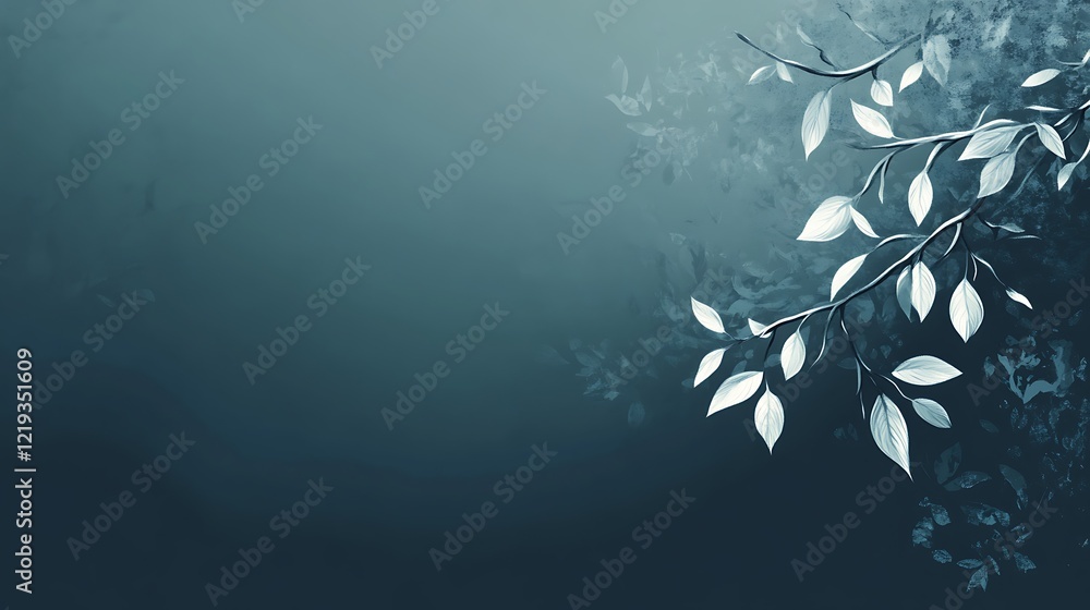 Serene Branch with Delicate White Leaves Against a Dark Teal Background Serene Branch with Delicate White Leaves Against a Dark Teal Background
