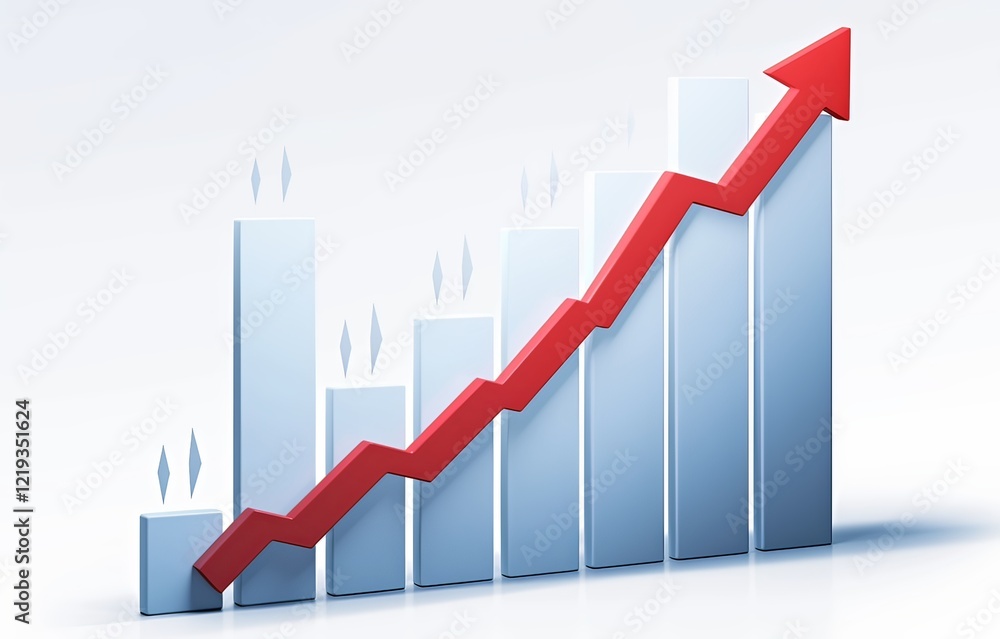 3D Red Arrow Pointing Up Over a White Bar Graph, Representing Stock Market Growth 3D Red Arrow Pointing Up Over a White Bar Graph, Representing Stock Market Growth