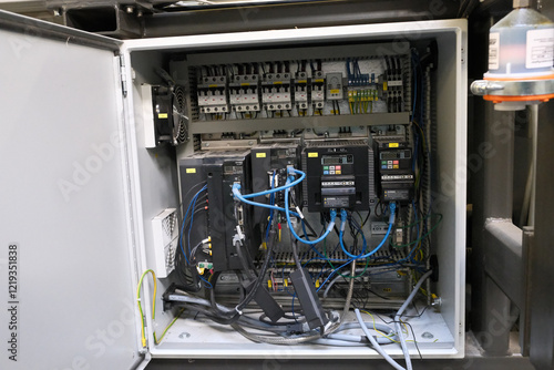 Obraz na płótnie in a switch cabinet with fuses, frequency converters and terminal strips for controlling an industrial machine w salonie
