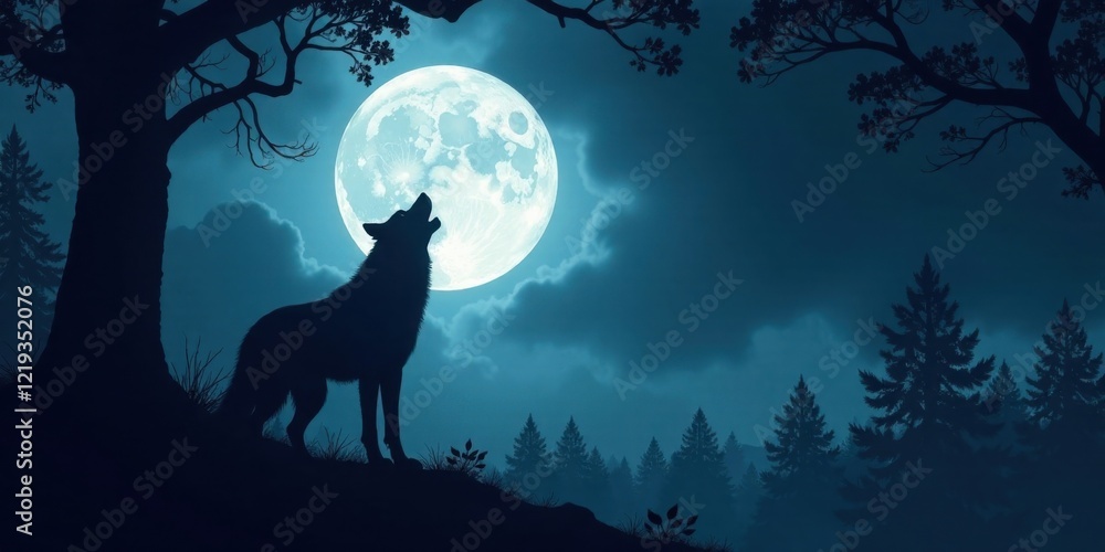 Fototapeta premium Lone Wolf Howling at the Full Moon in a Dark Forest Under a Night Sky