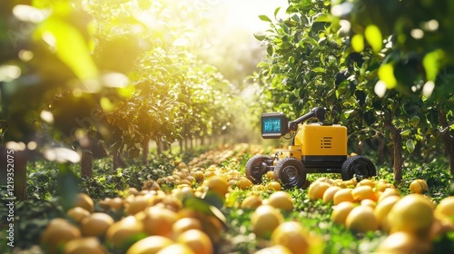 Photograph of an Internet of Things IoT enabled robotic harvester autonomously picking fruits in a lush orchard with ample copy space for text overlay or additional design elements photo