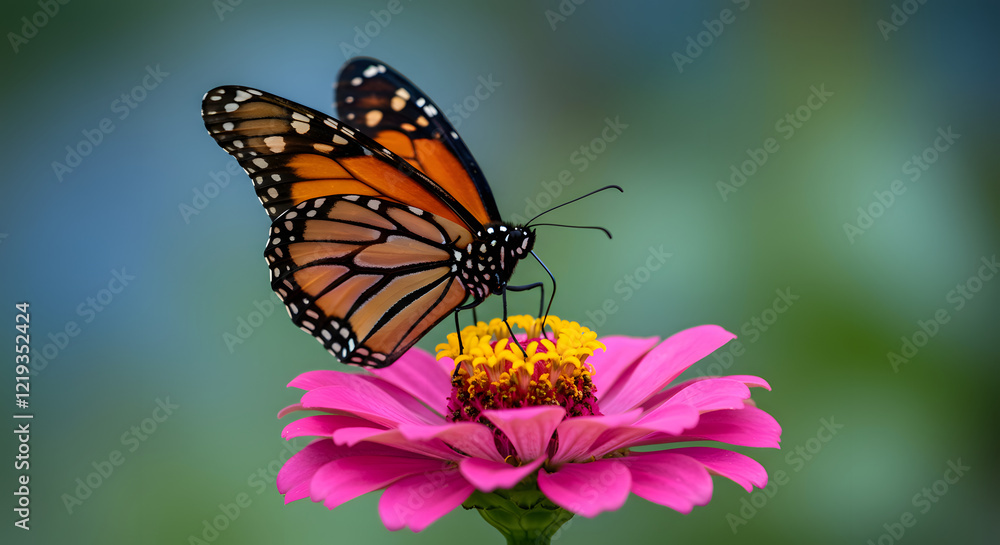 A monarch butterfly is resting on a pink zinnia flower, drawing nourishment from it. A monarch butterfly is resting on a pink zinnia flower, drawing nourishment from it.