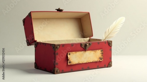 A crimson treasure chest awaits, its aged brass accents gleaming, a single pristine feather resting gently near a blank, worn label, promising untold stories within. photo