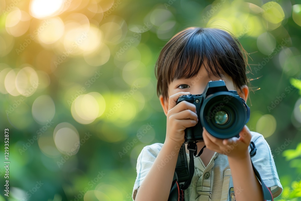 A young child joyfully holds a camera, ready to capture moments in nature. A young child joyfully holds a camera, ready to capture moments in nature.