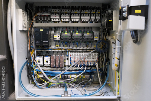 Obraz na płótnie in a switch cabinet with fuses, frequency converters and terminal strips for controlling an industrial machine w salonie