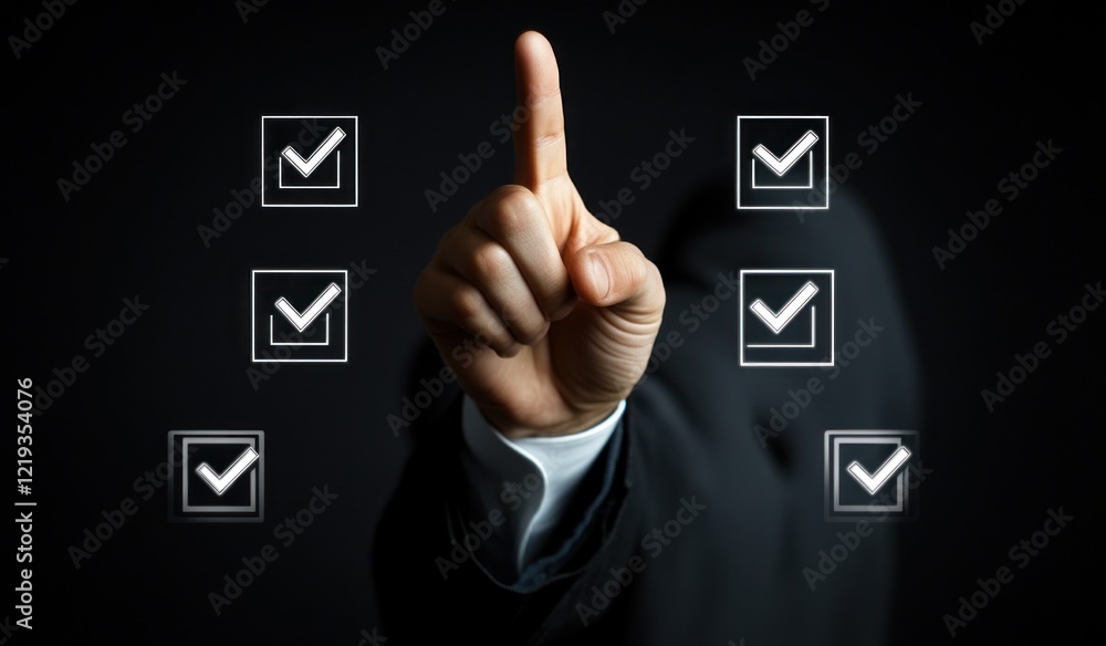 Hand pointing at checklist, concept of task completion. Hand pointing at checklist, concept of task completion.