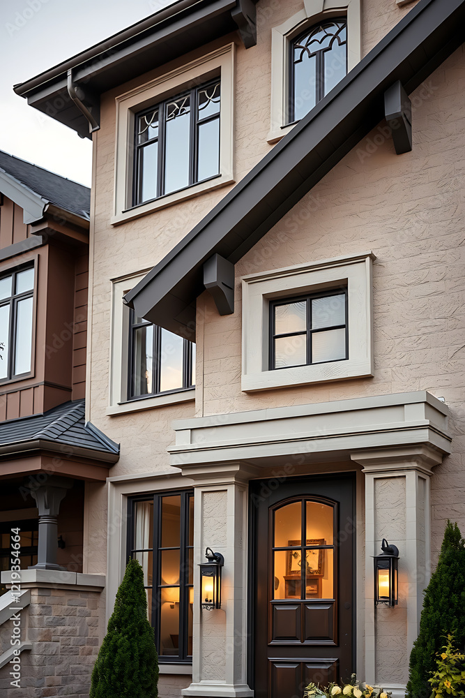 Naklejka premium Luxury Home Exterior: Modern Architectural Design, Elegant Facade, and Luxurious Entrance. Real Estate Photography