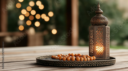 A close-up of prayer beads and a lantern resting on a decorative tray, creating a peaceful ambiance photo