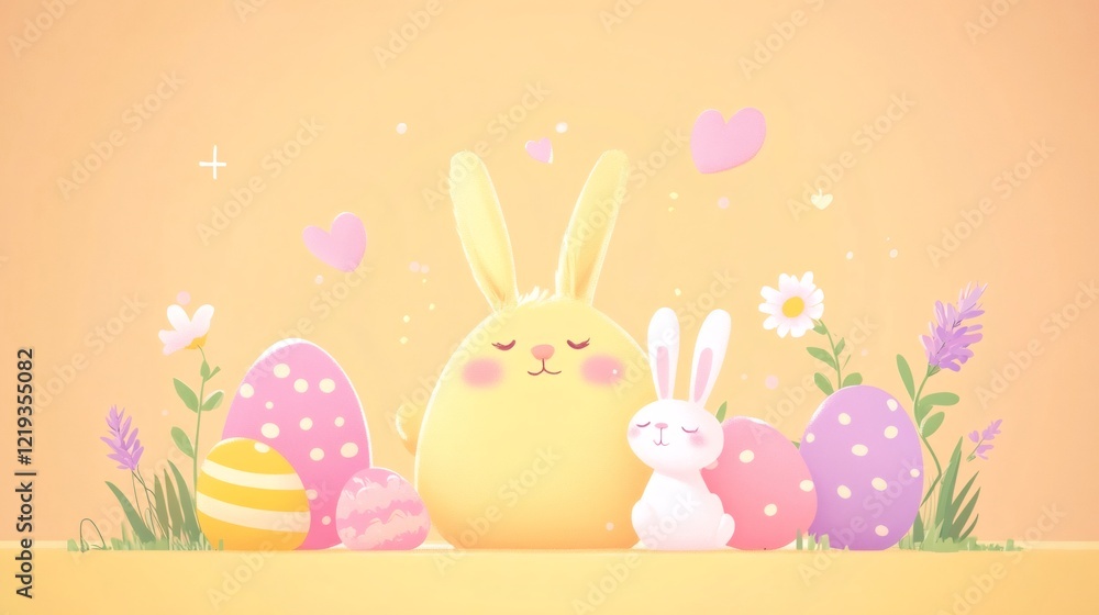 Two cute easter bunnies celebrating with colorful eggs and spring flowers Two cute easter bunnies celebrating with colorful eggs and spring flowers