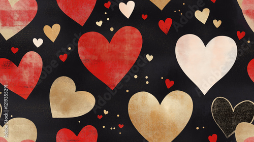 A vibrant design featuring heart patterns and gold accents on a dark background, evoking love photo