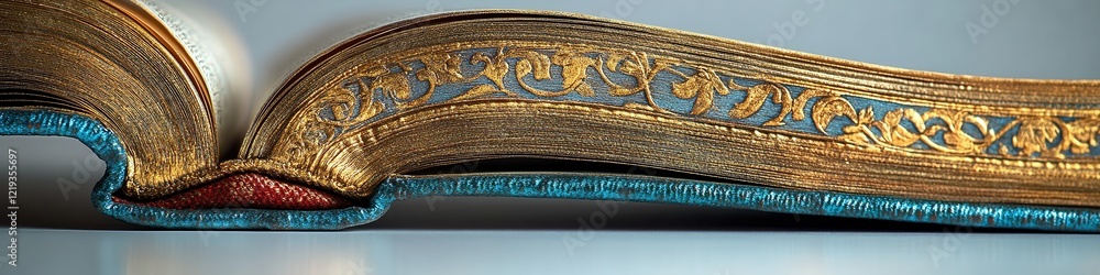 Close-up of an ornate antique book with gilded gold-edged pages and intricate blue detailing, representing history, literature, and ancient knowledge. Close-up of an ornate antique book with gilded gold-edged pages and intricate blue detailing, representing history, literature, and ancient knowledge.