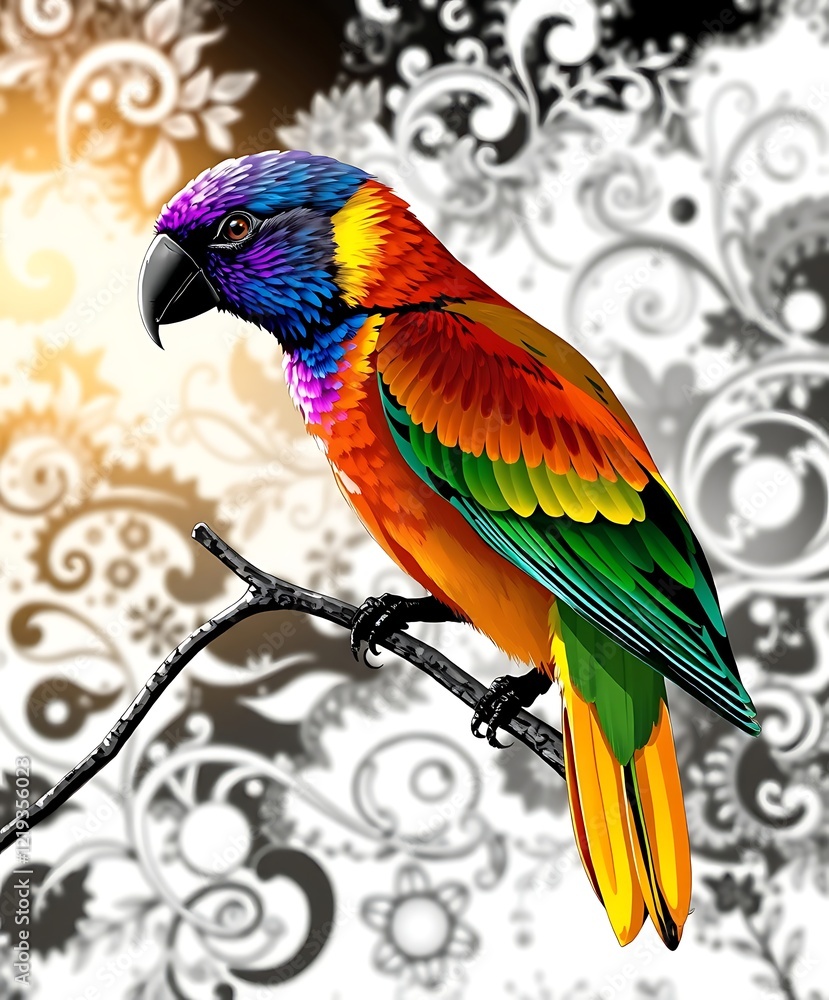 Fototapeta premium Colorful parrot against a striking black and white background.