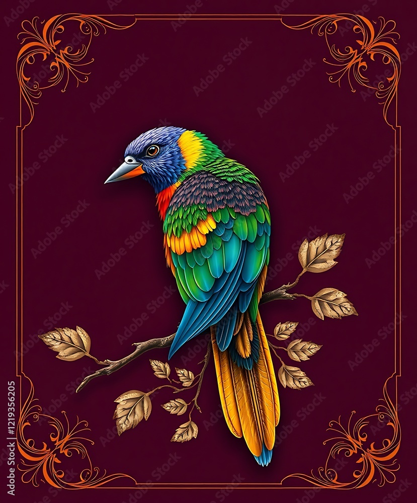 Obraz premium Elegant bird design with ornate floral frame backdrop.