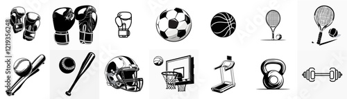 Sports equipment collection in black and white style for fitness, exercise, and recreation
