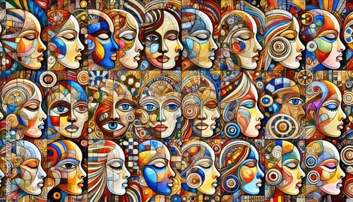 An illustration of Cultural Diversity with a detailed mosaic composed of faces representing different ethnicities and genders. photo