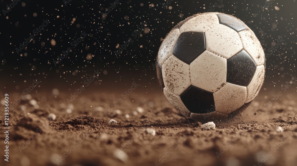 Fototapeta premium Close Up View of a Mud Covered Soccer Ball on a Dirt Field