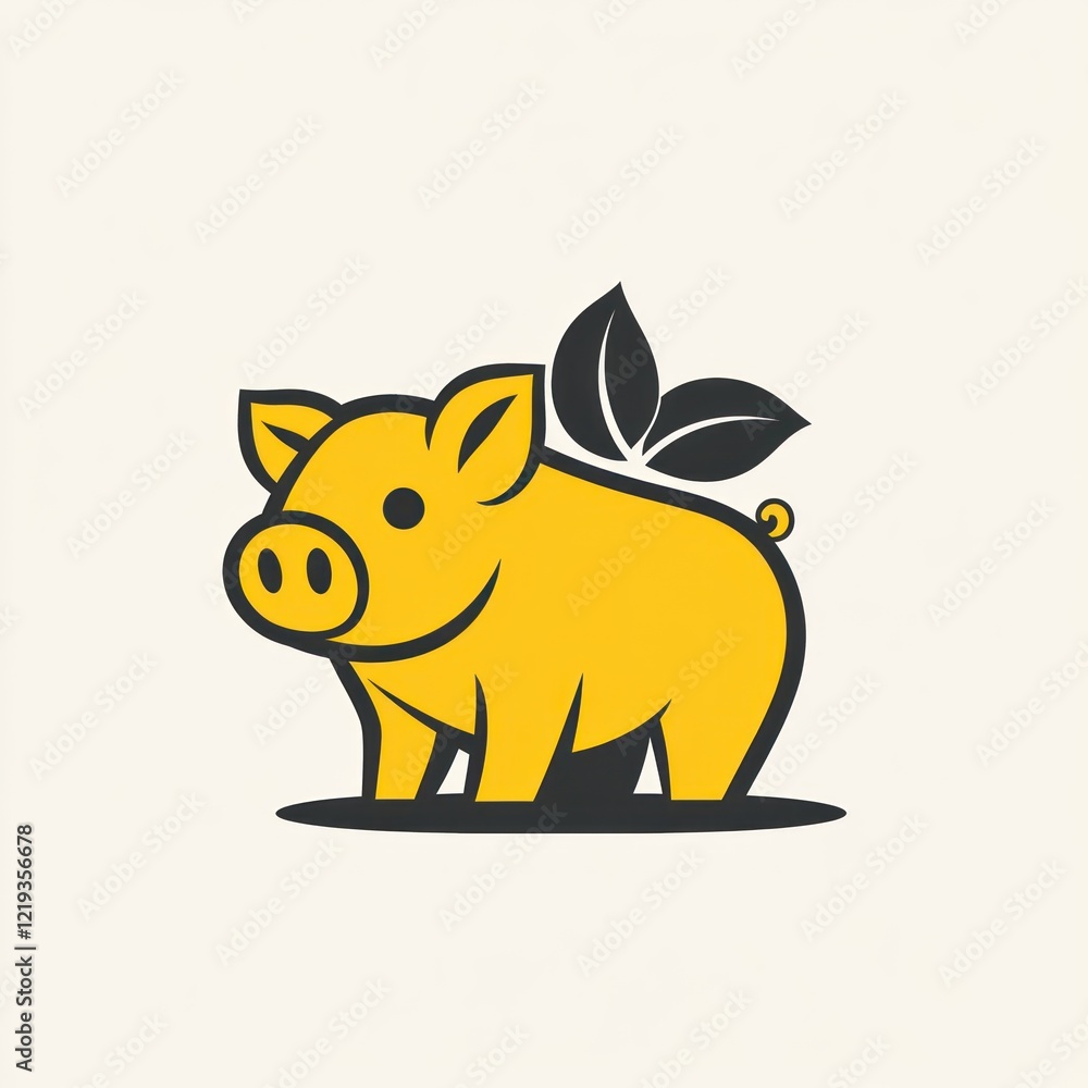 Yellow pig with leaves, standing on a neutral background for logo or mascot use Yellow pig with leaves, standing on a neutral background for logo or mascot use