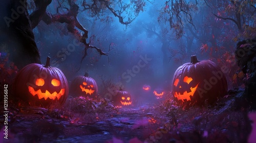 Spooky halloween background with glowing evil pumpkin, haunted house, and dark forest - 3d rendered illustration for a mysterious and eerie holiday event banner


 photo