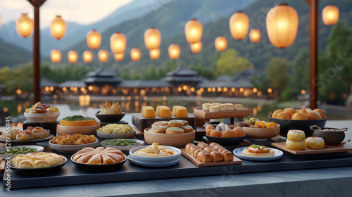 A whimsical 3D scene of a Ramadan iftar table filled with a variety of delicious foods photo