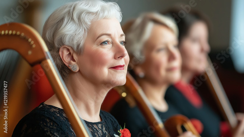 A woman enjoying a traditional Welsh harp concert in an elegant setting photo